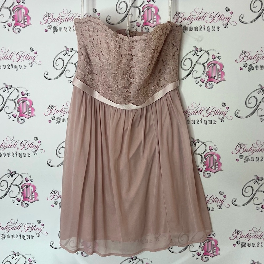 David's Bridal Soft Pink Strapless Dress lace top flowy blush rose pink